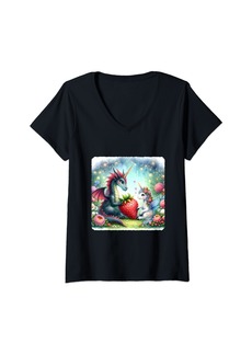 Womens Dragon And Unicorn Share A Heart-Shaped Strawberry V-Neck T-Shirt