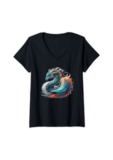 Womens Dragon Art Dragon Aesthetic Culture Mythical Creatures V-Neck T-Shirt