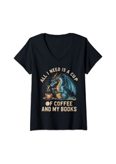 Womens Dragon Coffee And Books Lovers Funny Dragon and Books V-Neck T-Shirt