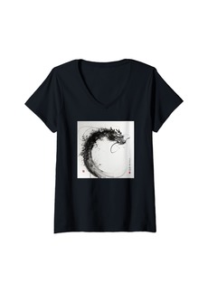 Womens Dragon Enso: Ink Art Mastery in Zen Circle Graphic Japanese V-Neck T-Shirt