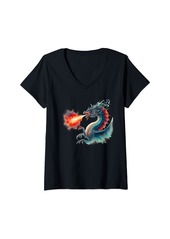 Womens Dragon Fire Art Dragon Aesthetic Culture Mythical Creatures V-Neck T-Shirt