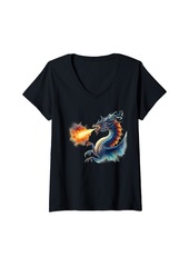 Womens Dragon Fire Art Dragon Aesthetic Culture Mythical Creatures V-Neck T-Shirt