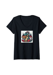 Womens Dragon Loves Pizza Vintage V-Neck T-Shirt
