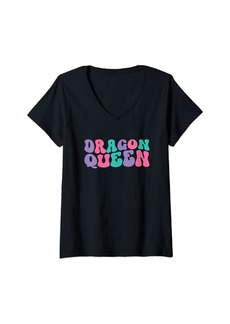 Womens Dragon Queen Womens Dragons Retro Vintage Wavy Groovy V-Neck T-Shirt