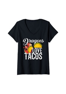 Womens Dragon Tacos Love Cute Mythical Fire Breathing Novelty V-Neck T-Shirt