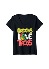 Womens Dragons Love Tacos Cute Mythical Creature Taco Lover Graphic V-Neck T-Shirt