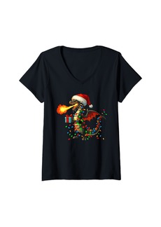 Womens Dragon Wearing Santa Hat Holding A Present Box Xmas V-Neck T-Shirt