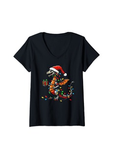 Womens Dragon Wearing Santa Hat Holding A Present Box Xmas V-Neck T-Shirt