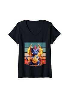 Womens Dragon with Volleyball in Autum Dragon Lover Fantasy Art V-Neck T-Shirt