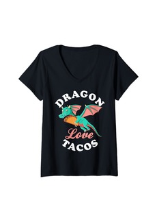 Womens Dragons Love Tacos Cute Mythical Creature Taco Lover Graphic V-Neck T-Shirt