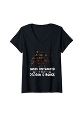 Womens Easily distracted by books and dragons retro dragon reader V-Neck T-Shirt