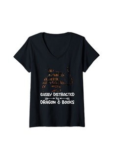 Womens Easily distracted by books and dragons retro dragon reader V-Neck T-Shirt
