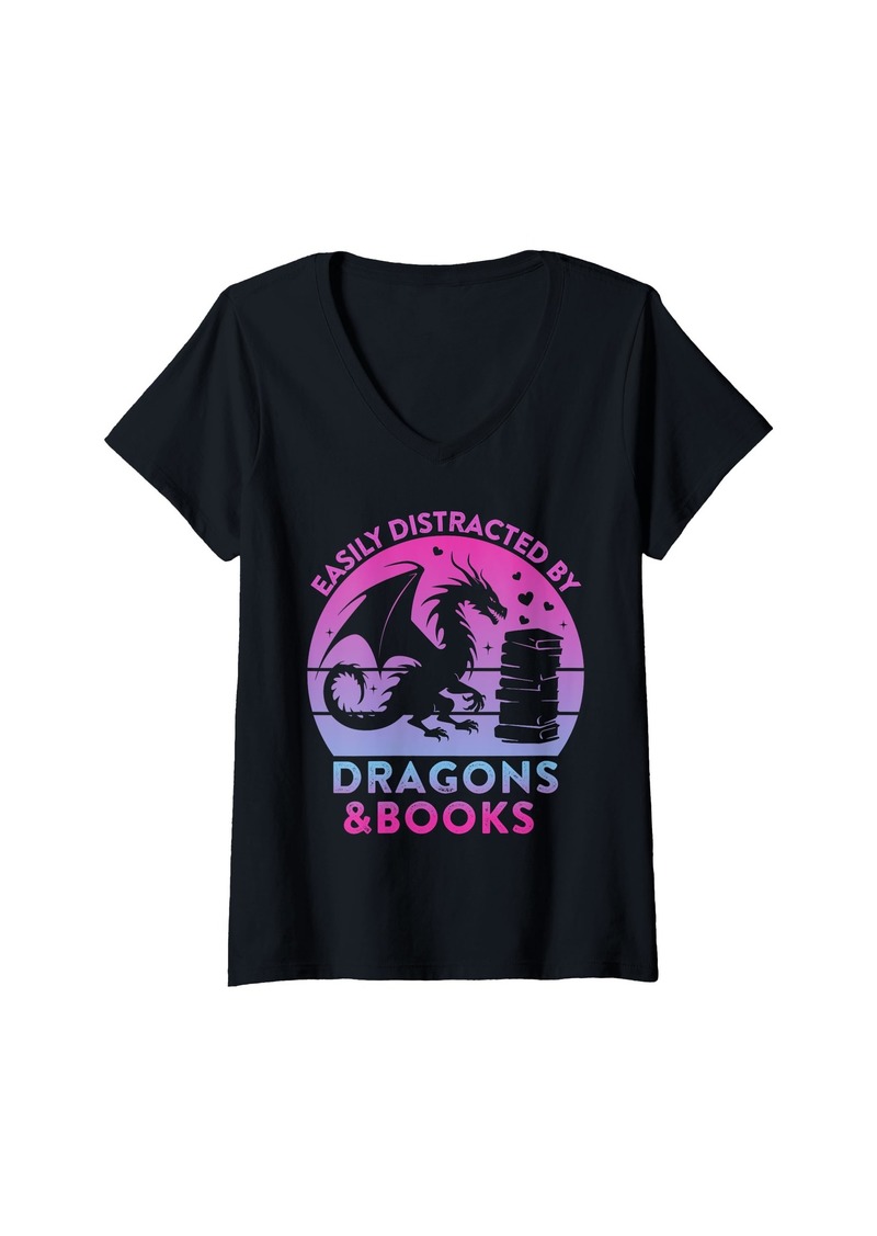 Womens Easily Distracted By Dragons and Books Dragon Reading Lover V-Neck T-Shirt