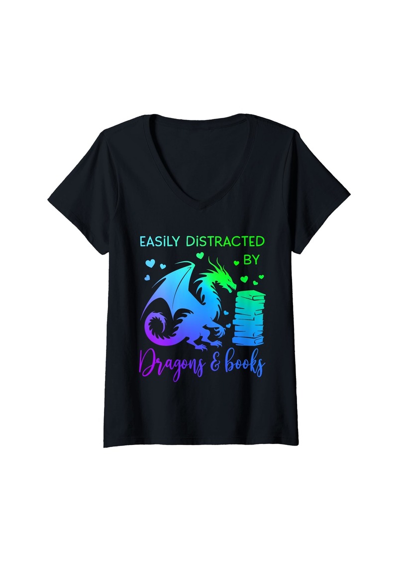 Womens Easily Distracted By Dragons and Books Dragon Reading Lover V-Neck T-Shirt