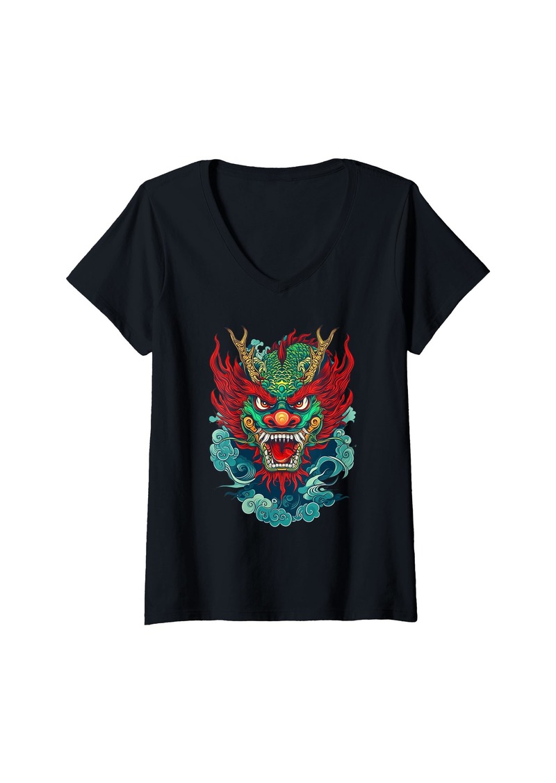 Womens Funny Dragon Design For Men Women Flying Mythical Creature V-Neck T-Shirt