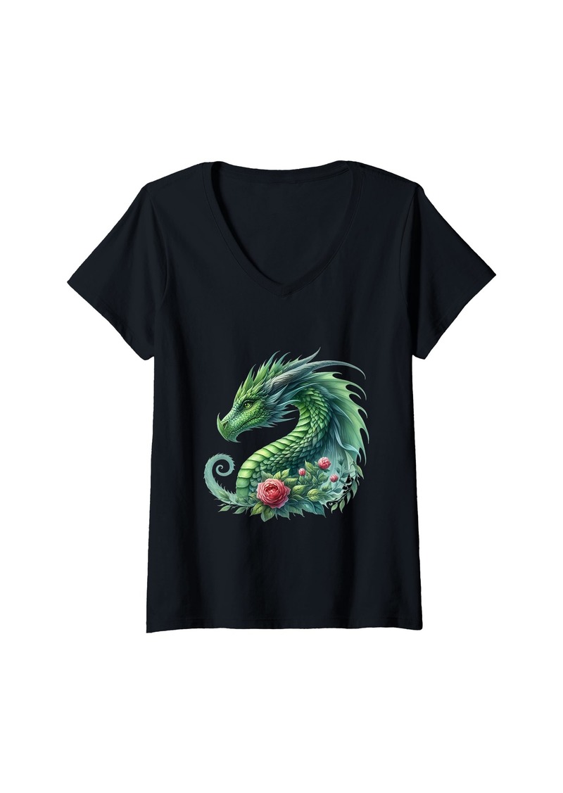 Womens Funny Dragon Design For Men Women Flying Mythical Creature V-Neck T-Shirt