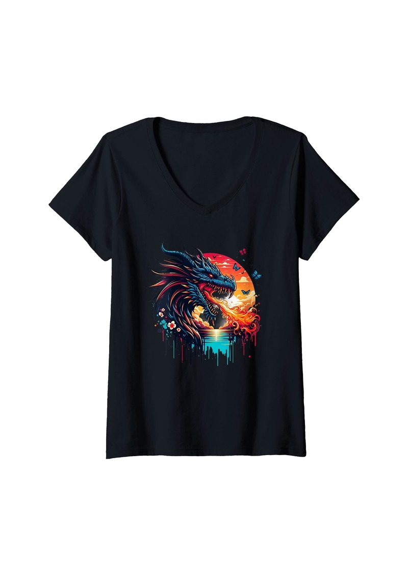 Womens Funny Dragon Design For Men Women Flying Mythical Creature V-Neck T-Shirt