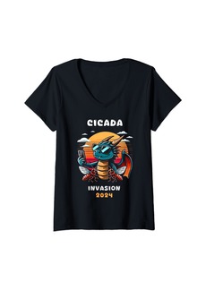 Womens Funny Dragon Selfie Cicada Invasion 2024 Insects Retro V-Neck T-Shirt
