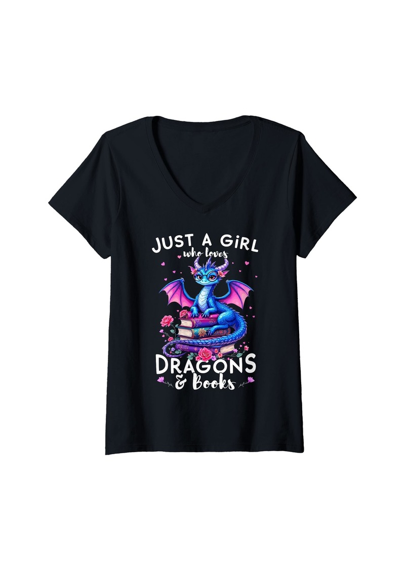 Womens Just a Girl who loves Dragons and Books Dragon Reading Lover V-Neck T-Shirt