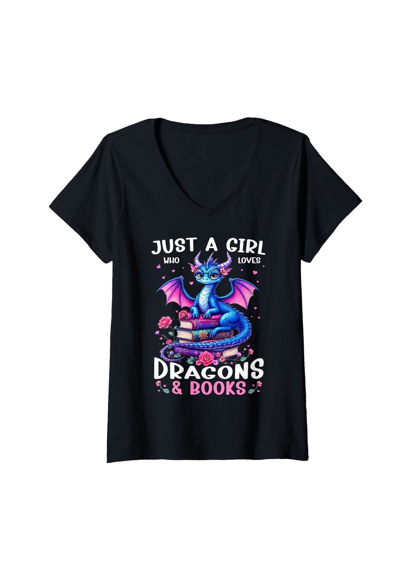 Womens Just a Girl who loves Dragons and Books Dragon Reading Lover V-Neck T-Shirt