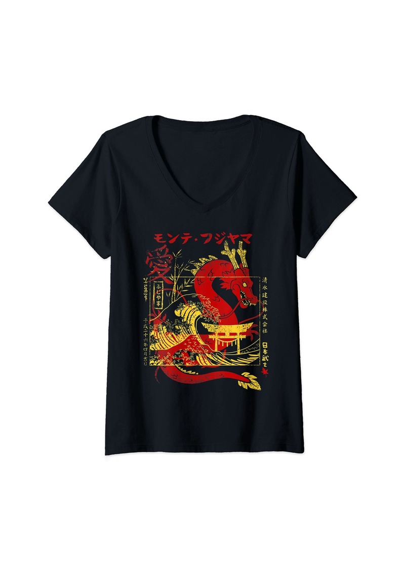 Womens kanji dragon with Japanese Torii V-Neck T-Shirt