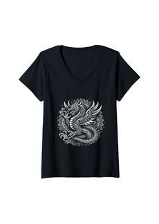 Womens Mandala design cute dragon mandala dragon breathing fire V-Neck T-Shirt