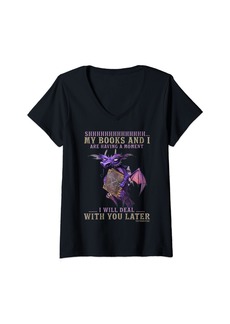 Womens My Books And I Are Hacing A Moment Dragon mother's day V-Neck T-Shirt
