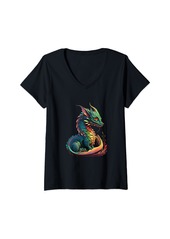 Womens Mythic feline elegance: a shy Kitten Dragon Chromatic colour V-Neck T-Shirt