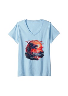 Womens Mythical black red dragon with sunset mountains Asian art V-Neck T-Shirt