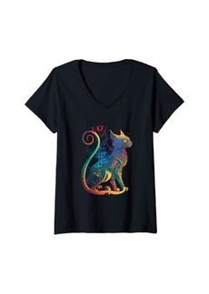 Womens Mythical feline elegance: a Cat Dragon with Chromatic colour V-Neck T-Shirt