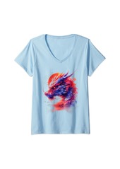 Womens mythical fierce blue red purple Asian dragon sky moon art #2 V-Neck T-Shirt