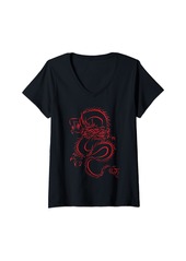 Womens Red Chinese Firedrake Dragon - Dragon Print Art Wear- Dragon V-Neck T-Shirt