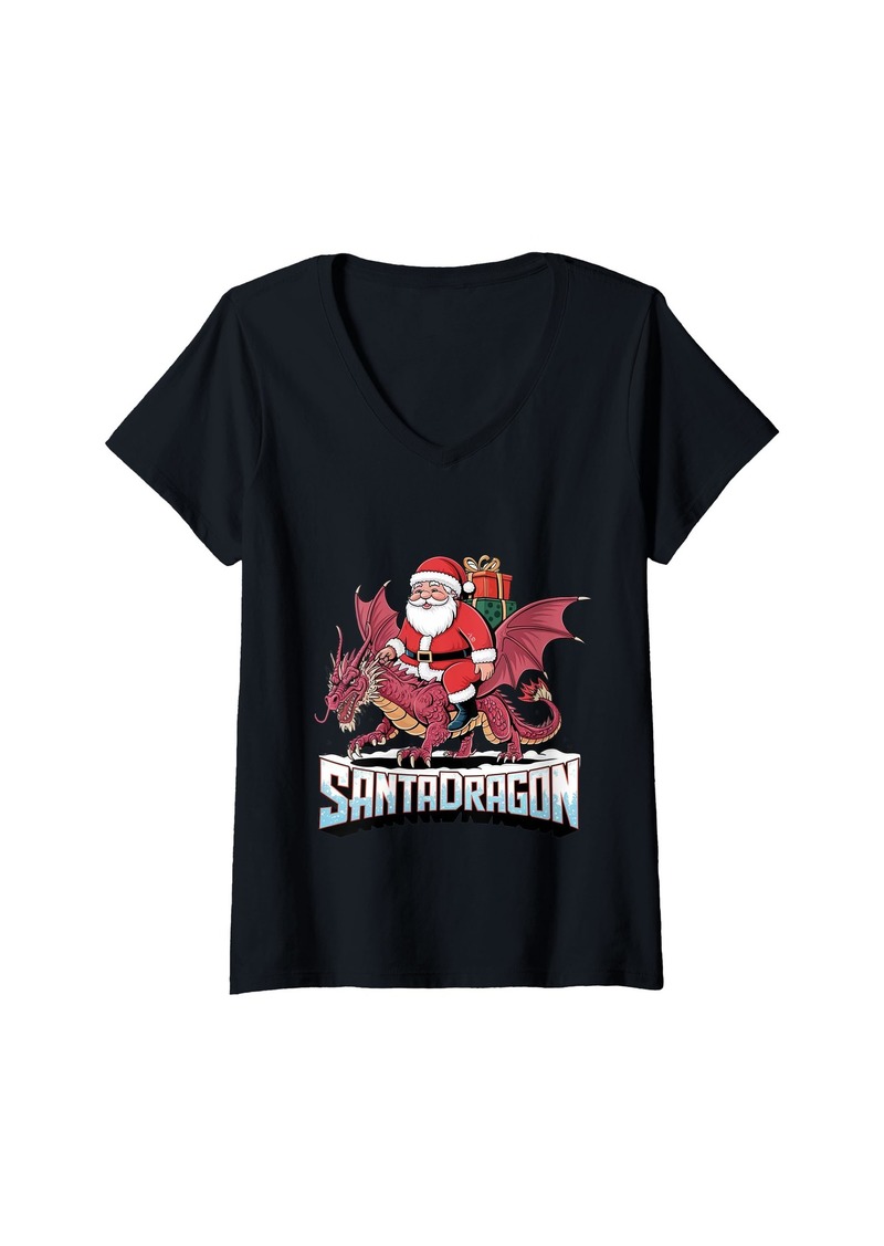 Womens SantaDragon Xmas - Funny Dragon Lovers Christmas V-Neck T-Shirt