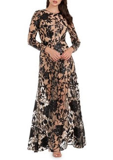 Dress the Population Ava Sequin Floral Embroidered Long Sleeve Gown