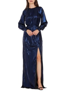 Dress the Population Calista Metallic Jacquard Stripe Long Sleeve Gown