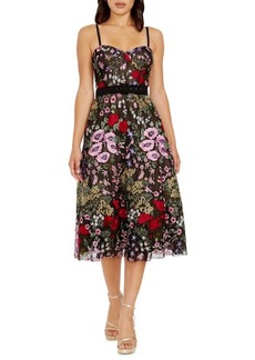 Dress the Population Carlita Floral Embroidery Bustier Midi Dress