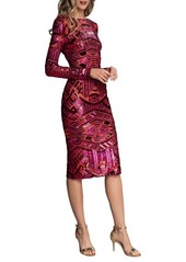 Dress the Population Emery Sequin Long Sleeve Sheath Midi Dress in Rouge Multi at Nordstrom