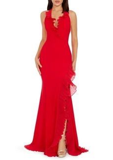 Dress the Population Kathleen Ruffle Halter Gown with Train