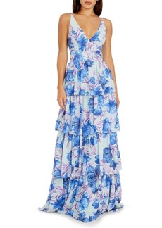 Dress the Population Lorain Floral Print Tiered Ruffle Gown