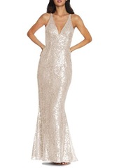 Dress the Population Sharon Lace Sequin Plunge Neck Mermaid Gown in Off White at Nordstrom