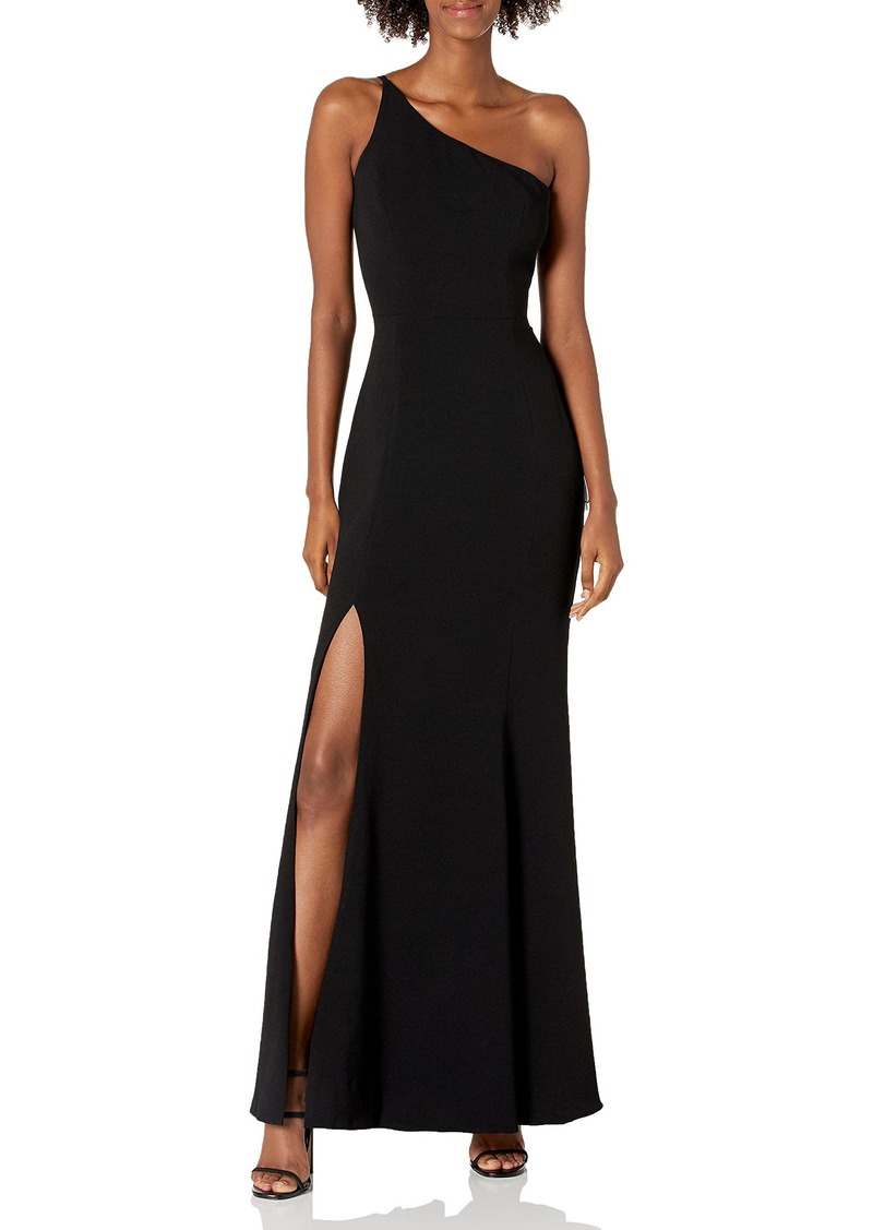 Dress the Population Women's Amy One Shoulder Crepe Gown with Slit Long Dress Dress -black m