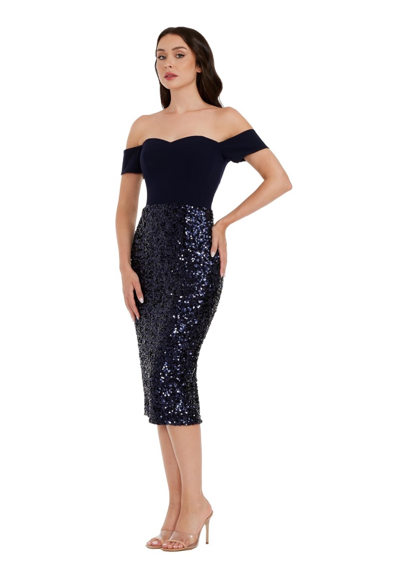 Dress the Population Women's Bailey Sequin Midi Bodycon Off Shoulder Neck Dress