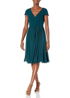 Dress the Population Womens Corey Cap Sleeve Plunge Neck Fit and Flare Knee Length Dress   US