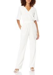 Dress the Population Women's Cristina Short Sleeve Blouson Jumpsuit with Pockets Pants Off White XXL