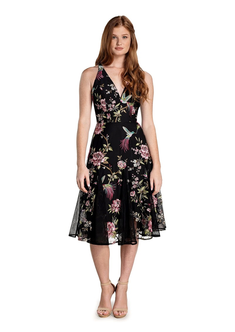 Dress the Population Women's Harlow Embroidery Midi Fit and Flare V-Neck Dress