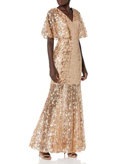 Dress the Population Women's Lourdes Flutter Sleeve Sequin Lace Long Gown  XL