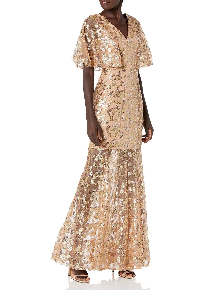 Dress the Population Women's Lourdes Flutter Sleeve Sequin Lace Long Gown Dress  XS