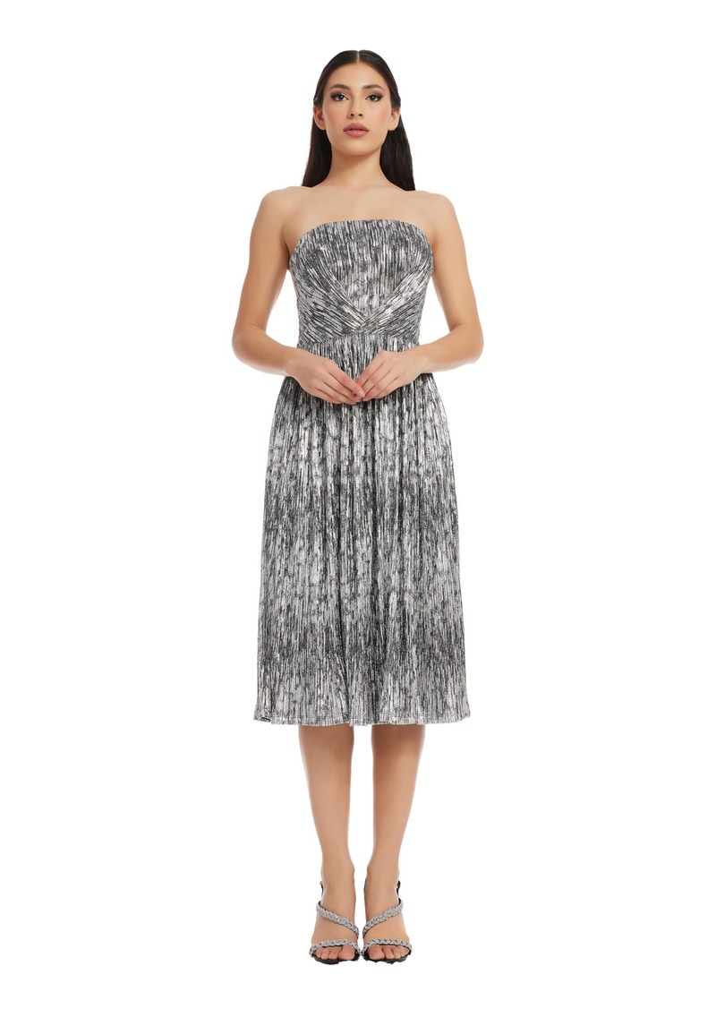 Dress the Population Women's Nadine Metallic Midi Fit and Flare Square Neck Dress Black-Silver