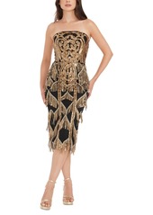 Dress the Population Women's Viviana Sequined Fringe Dress - Gold-black