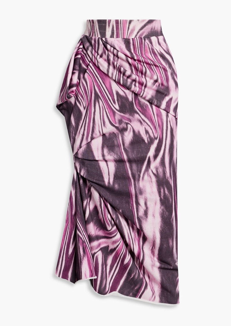 Dries Van Noten - Draped printed French cotton-terry midi skirt - Pink - M